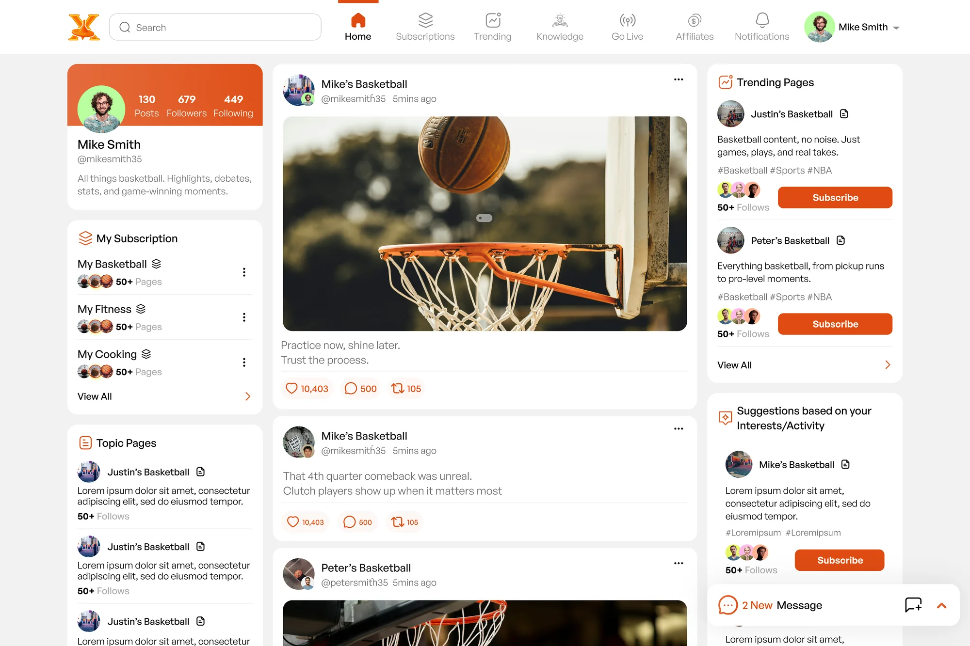The TopX web app showing the home feed, with subscriptions on the left and trending pages on the right