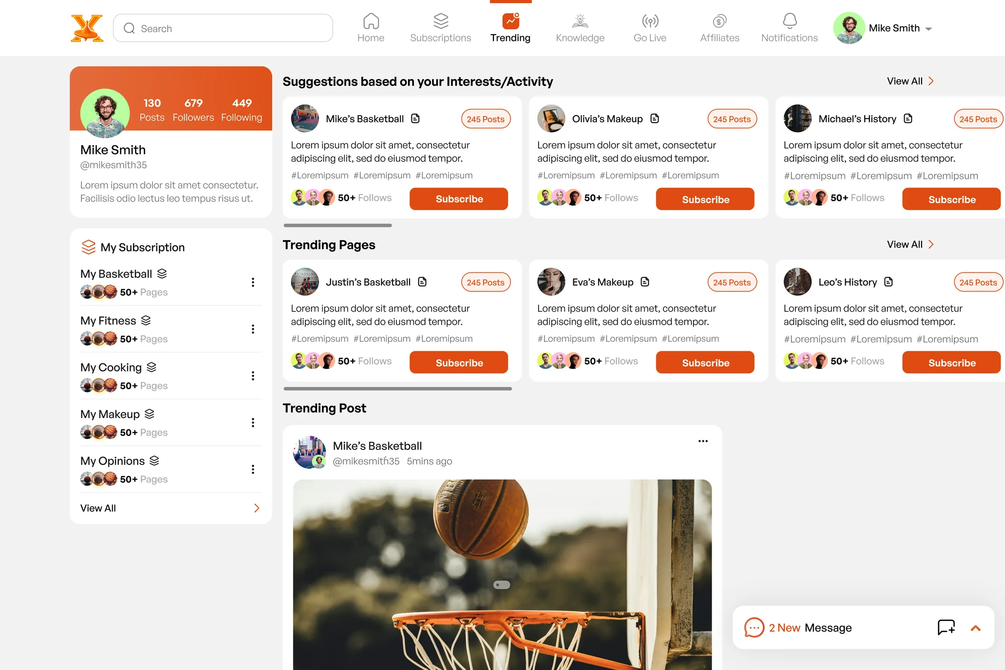 The TopX web app showing trending topic pages and suggestions based on your interests